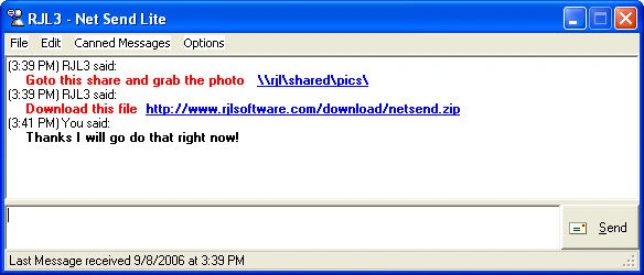 Net Send Lite chat with clickable URL and UNC path links