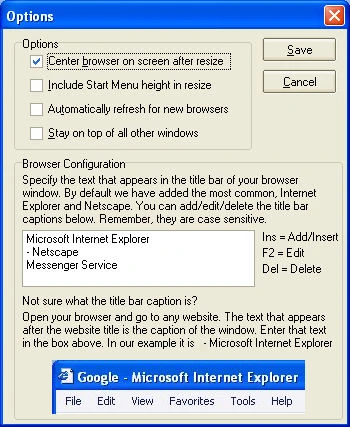 Resize Browser options dialog with taskbar and refresh settings