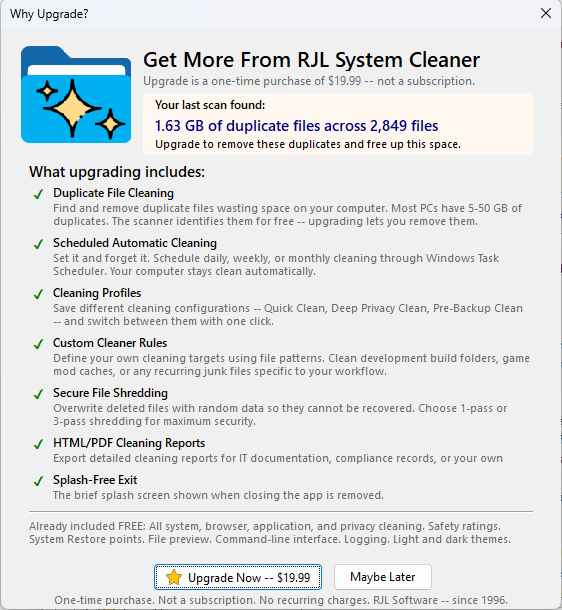 RJL System Cleaner Why Upgrade dialog showing a one-time $19.99 purchase unlocks duplicate file cleaning, scheduled automatic cleaning, cleaning profiles, custom cleaner rules, secure file shredding, and HTML and PDF cleaning reports