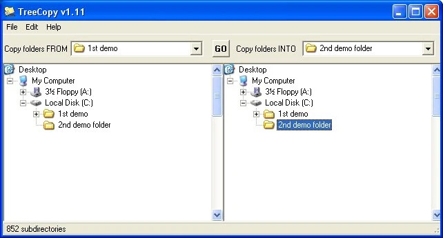 TreeCopy main screen showing source and destination directory trees